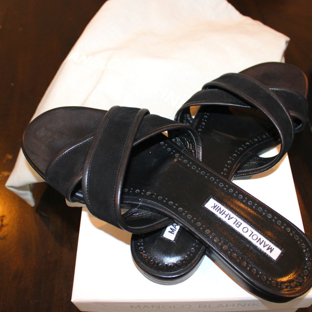 Manolo Blanik Black Leather slip on sandals. Size 37